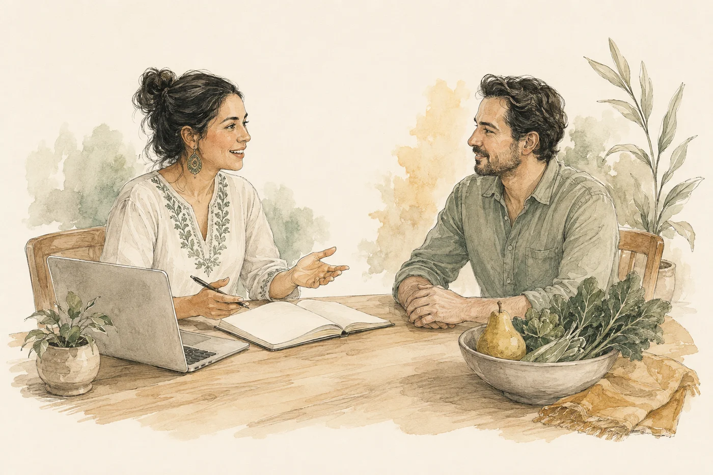 Una nutrióloga y su paciente conversan en una mesa con alimentos, libreta y plantas, ilustrados en tinta y lápiz.