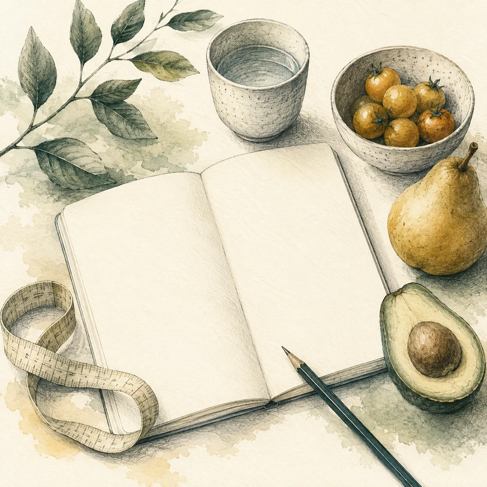 Libreta abierta, lápiz, cinta de medir, agua y alimentos ilustrados sobre una mesa.
